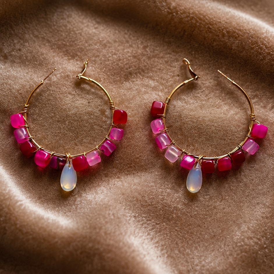 Square agate with moonlight drop Loop Earrings -4.5 cm diameter