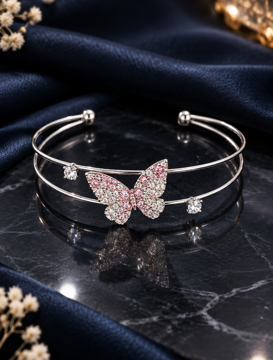 Anti-Tarnish Golden Butterfly Zirconia Bracelet (Silver)