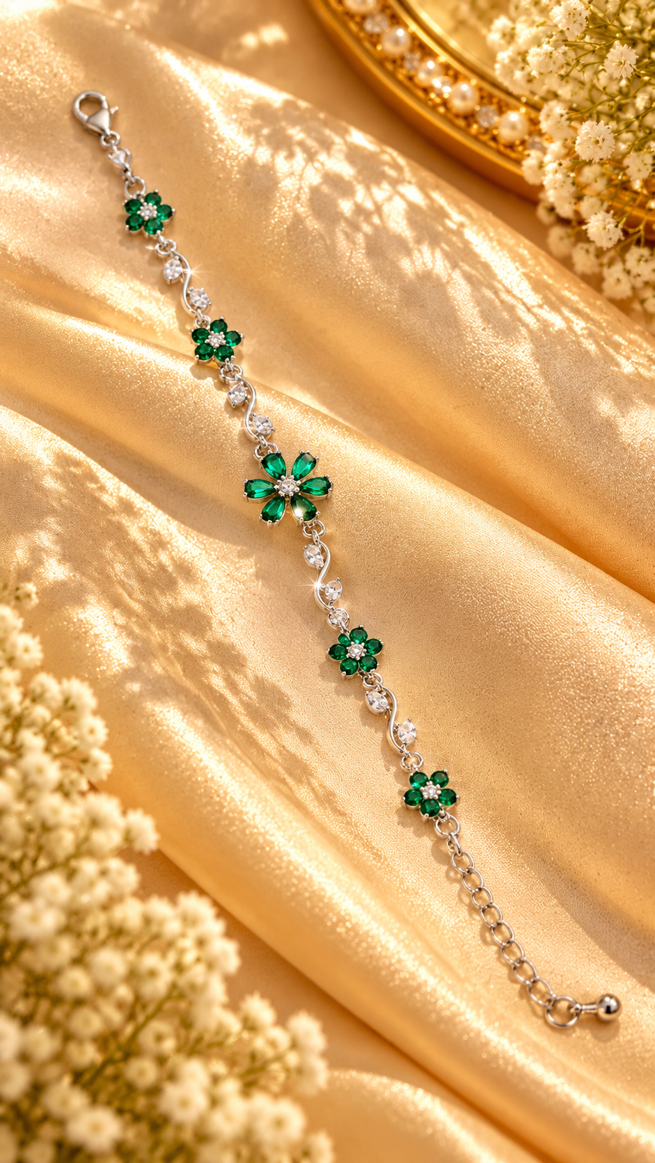 Trendy Green Flower Tulip Bracelet (Silver)