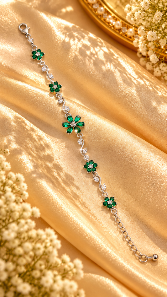 Trendy Green Flower Tulip Bracelet (Silver)
