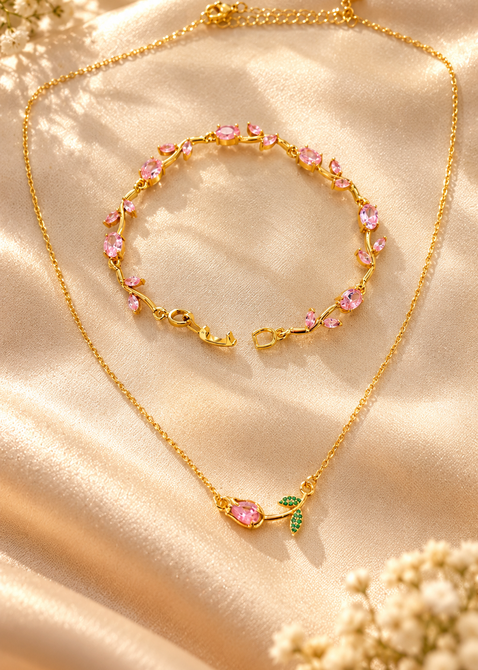 Trendy Tulip Pendent and Bracelet Combo (Pink)