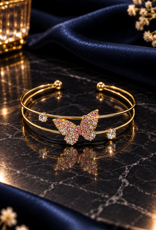 Anti-Tarnish Pink Butterfly Zirconia Bracelet (Golden)