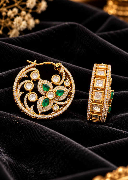 Green Round Basket Designer Kundan Polki Hoops