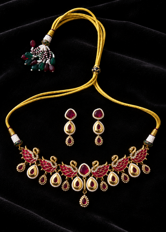 Dark Pink Swan Kundan Choker Set