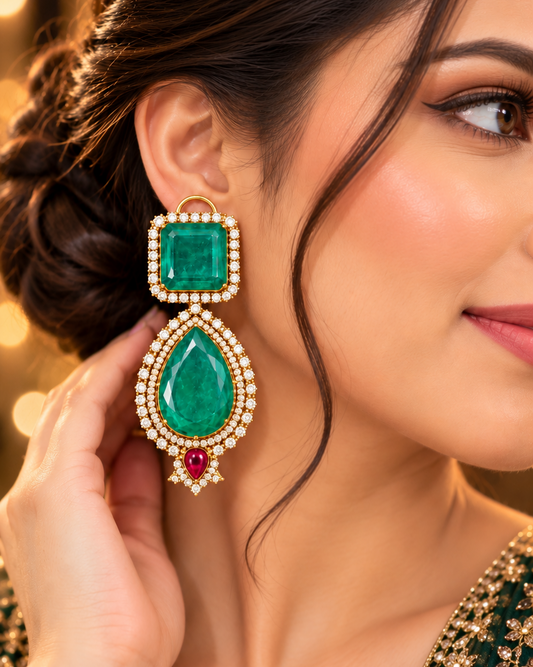 Green Emerald Mossanite Gold Finish Earrings