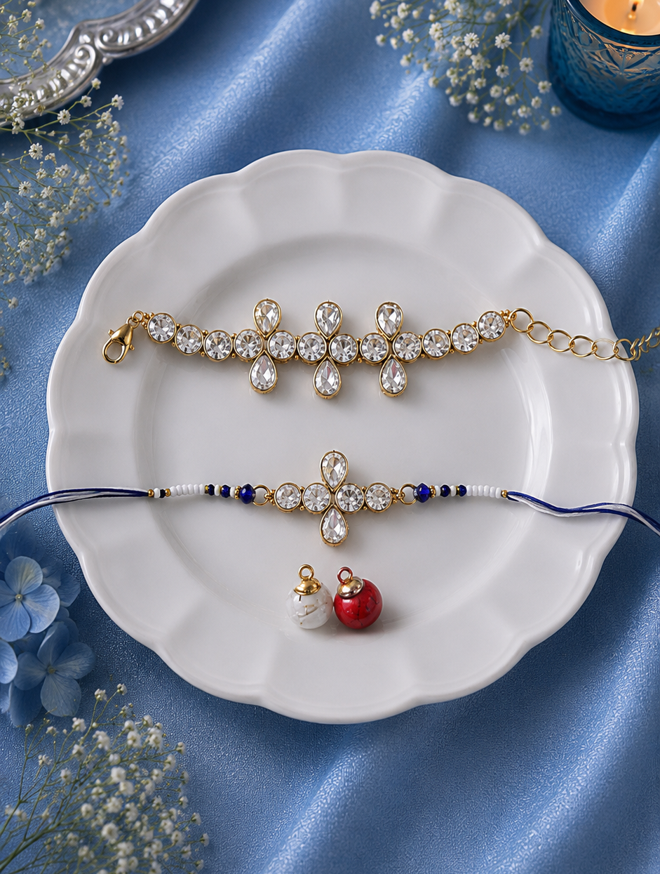 Diamond Stone Bhai Rakhi and Bhabhi Bracelet [Set of 2]