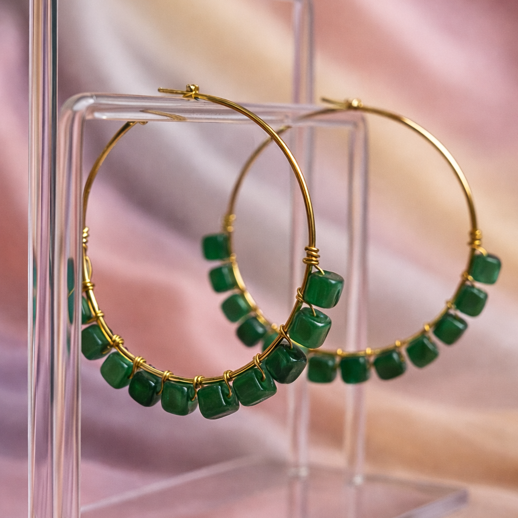 Cube Natural Stones Loop and Hoop Earrings - || Size: 7.5 cm Dia