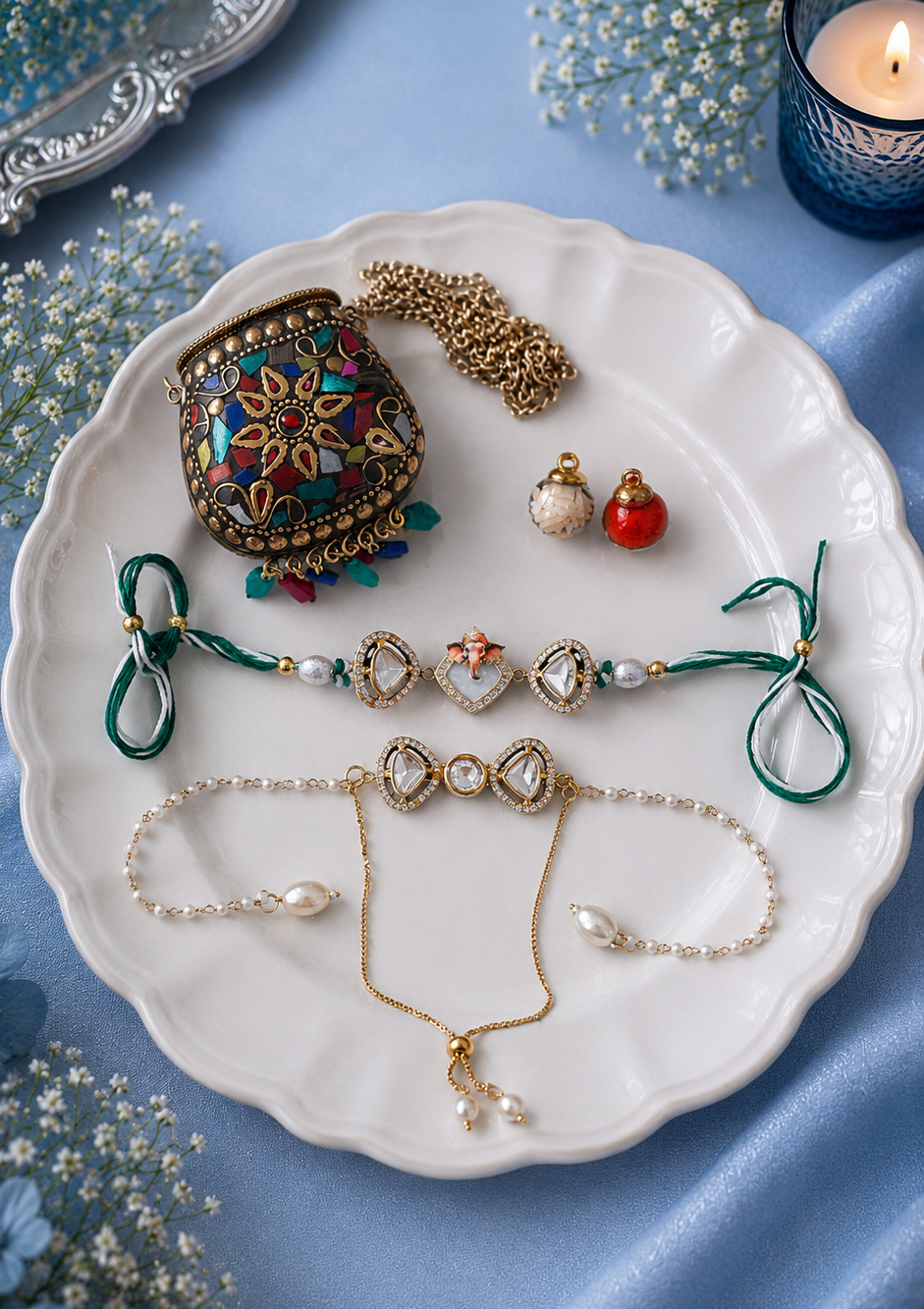 Ganesha Bhai and Bow Bhabhi Rakhi with Premium Brass Pouch - Gift for Bhabhi Combo