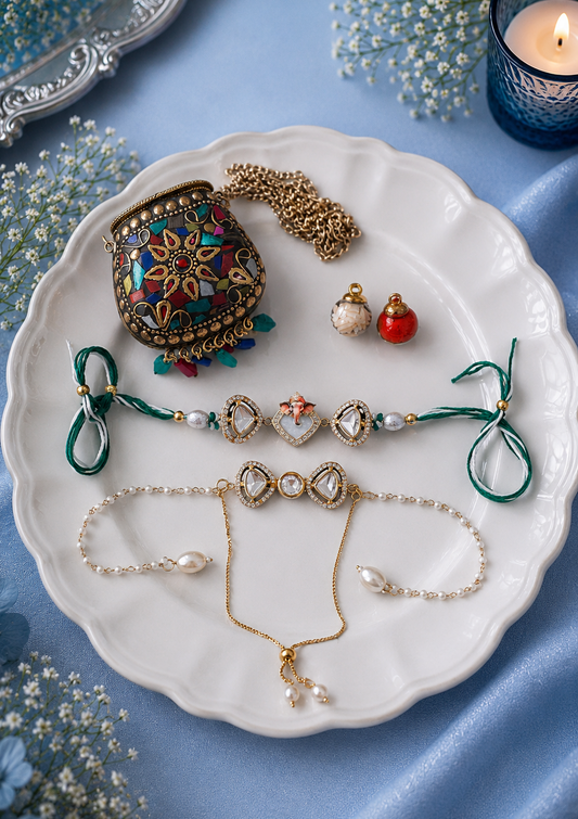 Ganesha Bhai and Bow Bhabhi Rakhi with Premium Brass Pouch - Gift for Bhabhi Combo