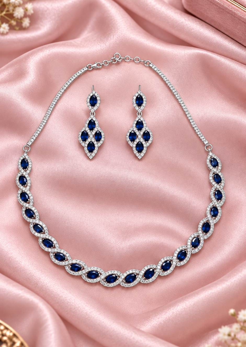 Twisting Blue Stone & Diamond Zirconia Necklace Set