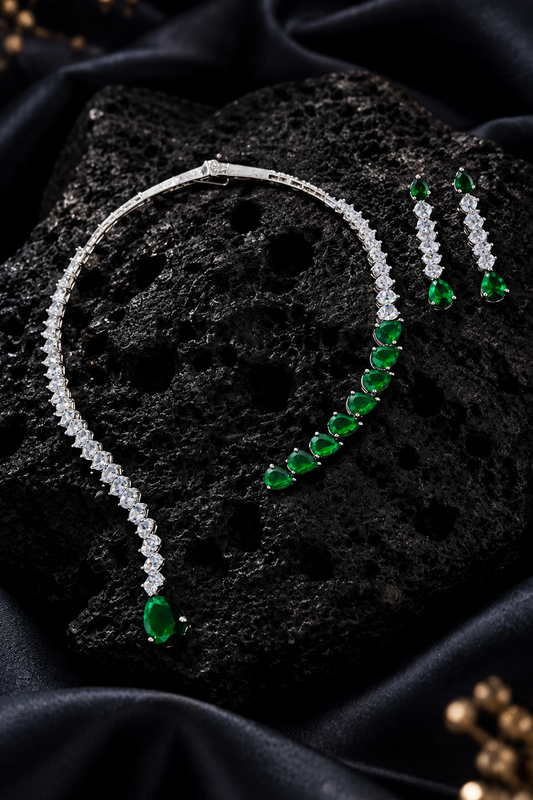 Emerald Stone & Diamond Zirconia Necklace Collar Set