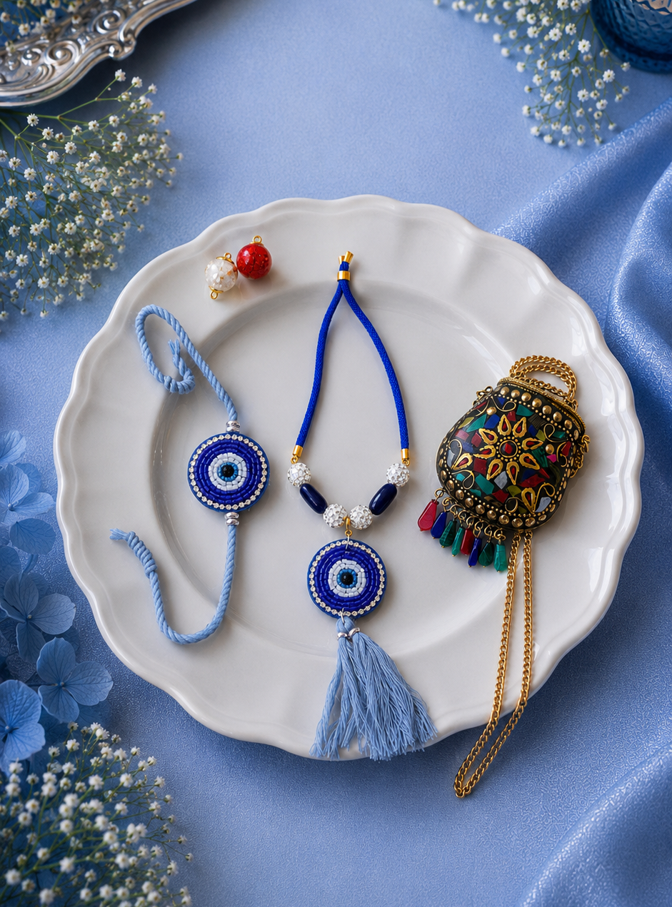 Blue evil Eye Bhai and Bhabhi Rakhi with Premium Brass Pouch - Gift for Bhabhi Combo