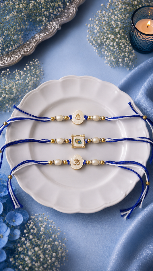 Om - Ganesha - Krishna - Marble Designer rakhi - Set of 3 in Blue