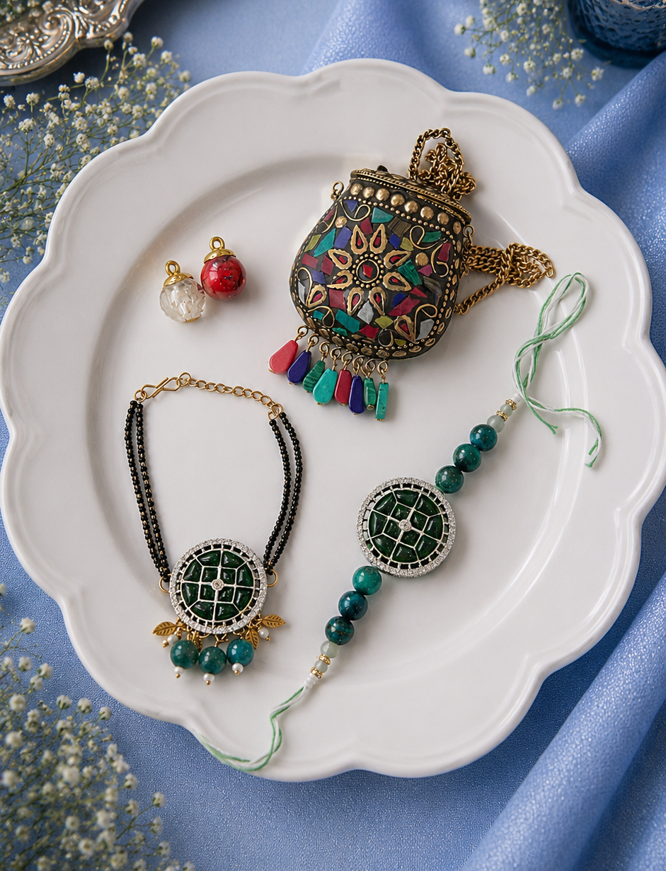 Green Kundan Bhai and Bhabhi Rakhi with Premium Brass Pouch - Gift for Bhabhi Combo