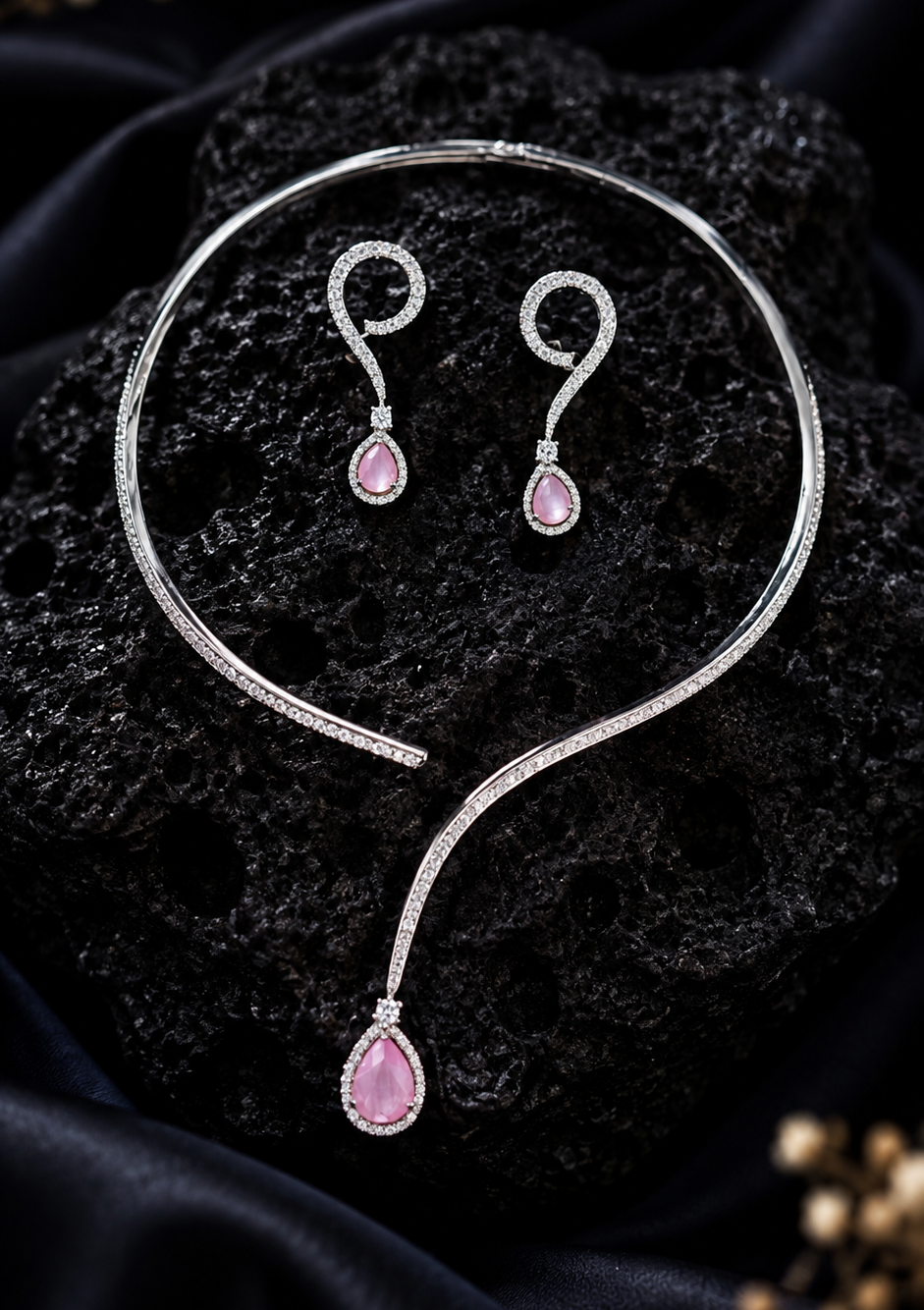 Baby Pink Stone & Diamond Zirconia Necklace Collar Set