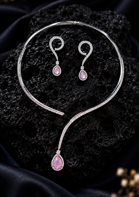 Baby Pink Stone & Diamond Zirconia Necklace Collar Set