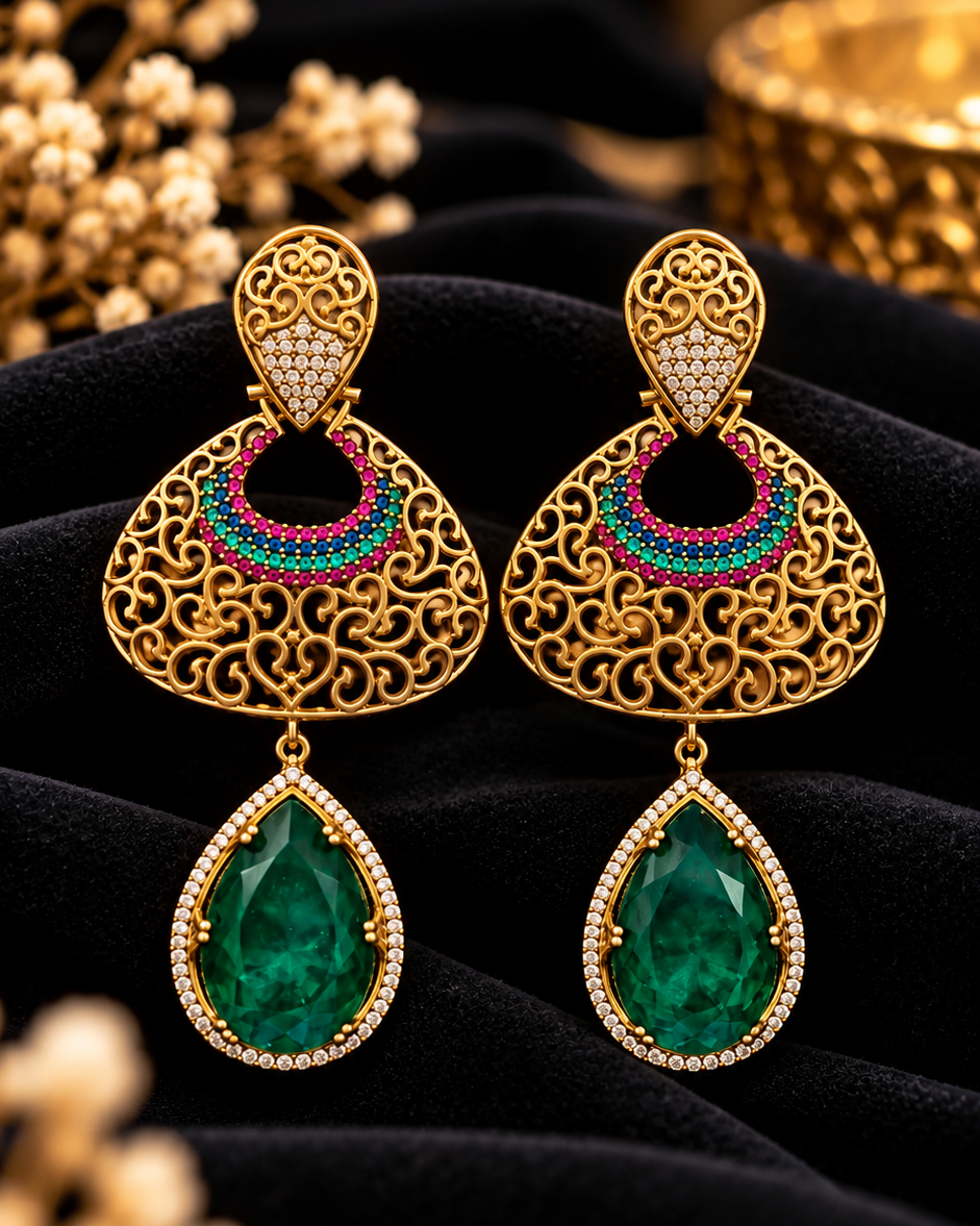 Éclat Green Emerald Mossanite Gold Finish Earrings