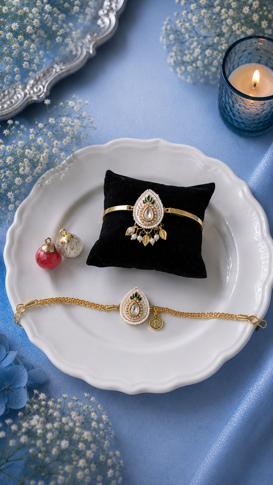 White Paan Bhai Chain Rakhi and Bhabhi golden Bracelet [Set of 2]