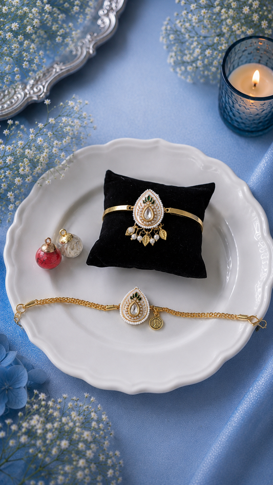 White Paan Bhai Chain Rakhi and Bhabhi golden Bracelet [Set of 2]
