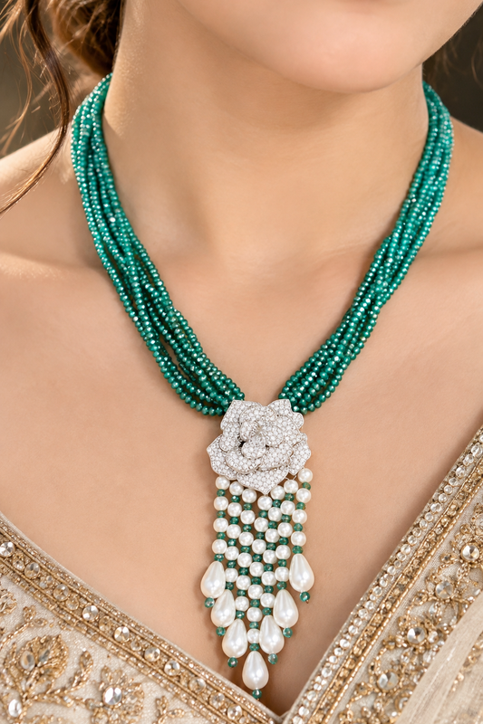 Zircon Flower Pendent long Necklace