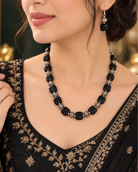 Black Square Onyx beads necklace with Earrings