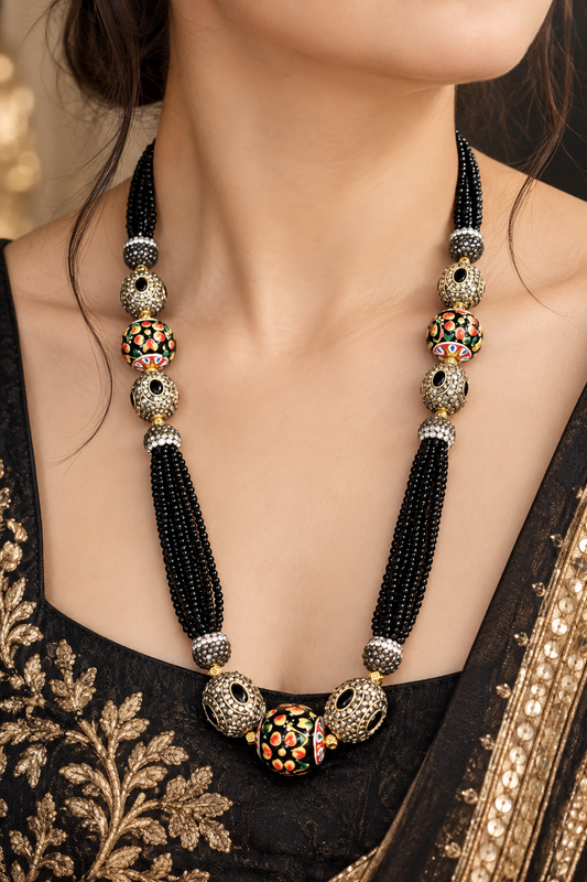 Black multicolor beads long necklace