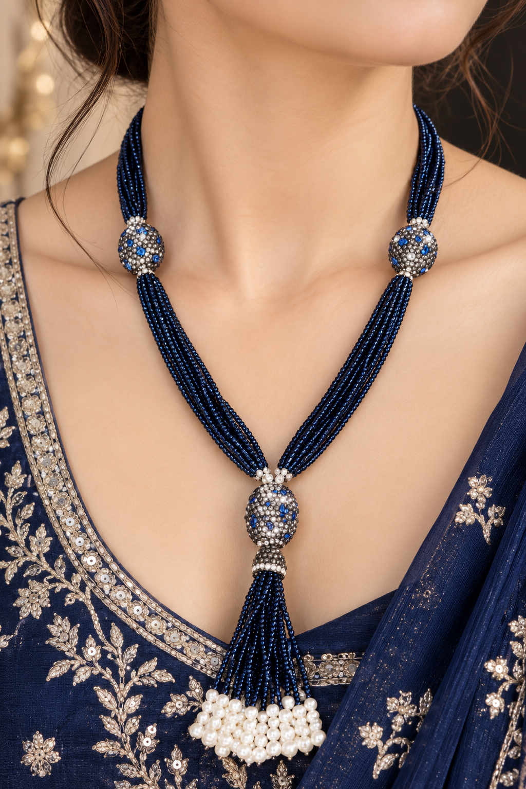 Navy Blue beads long necklace