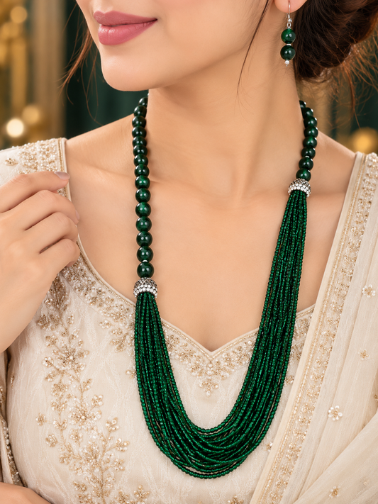Green Jade Long Beaded Necklace Set with Earrings