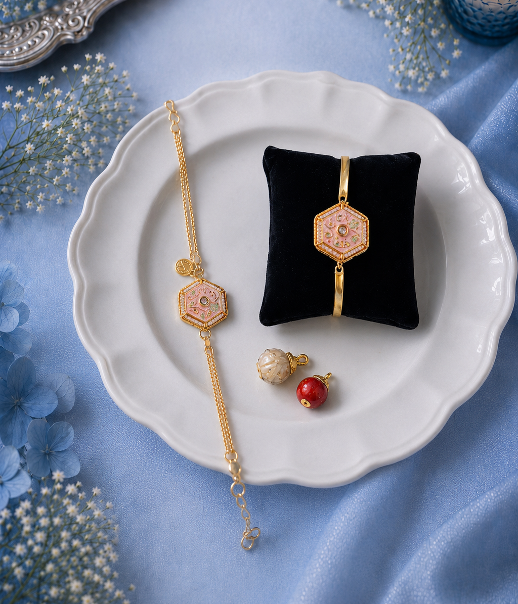 Peach Hexagon Kundan Bhai Chain Rakhi and Bhabhi Bracelet [Set of 2]