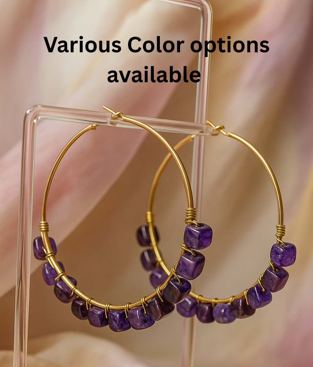 Cube Natural Stones Loop and Hoop Earrings - || Size: 7.5 cm Dia