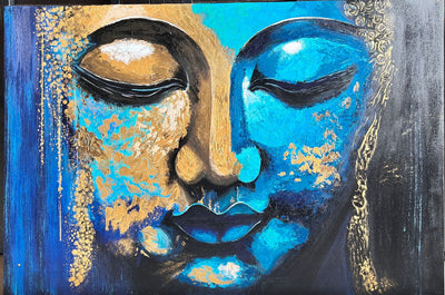 Abstract Blue & Gold Buddha Face Painting  36*24 inches