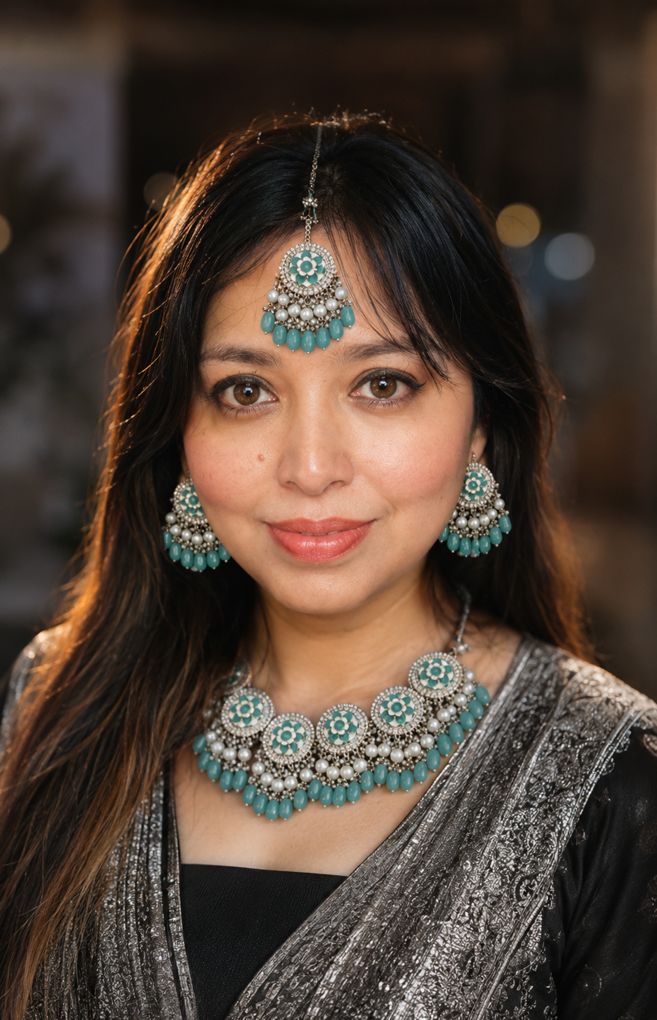 Floral Sea Blue Enamel Kundan beads Set